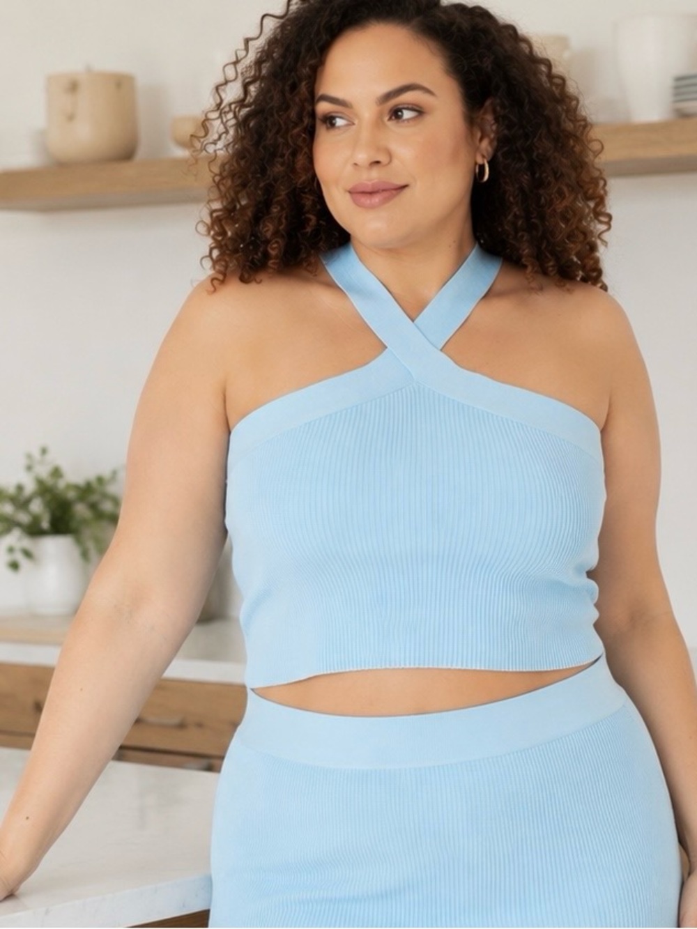 THE DROP Ribbed Cross-neck Tank Top Knit Sky Blue 3X Summer Stretch Coastal Vibe
